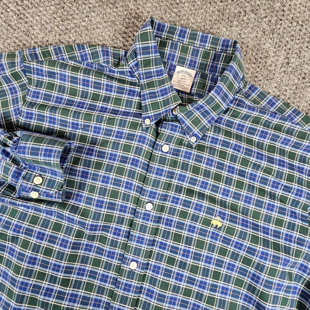 Brooks Brothers Regent XXL Blue Green Plaid‎ Supima Cotton Non-Iron Shirt Mens